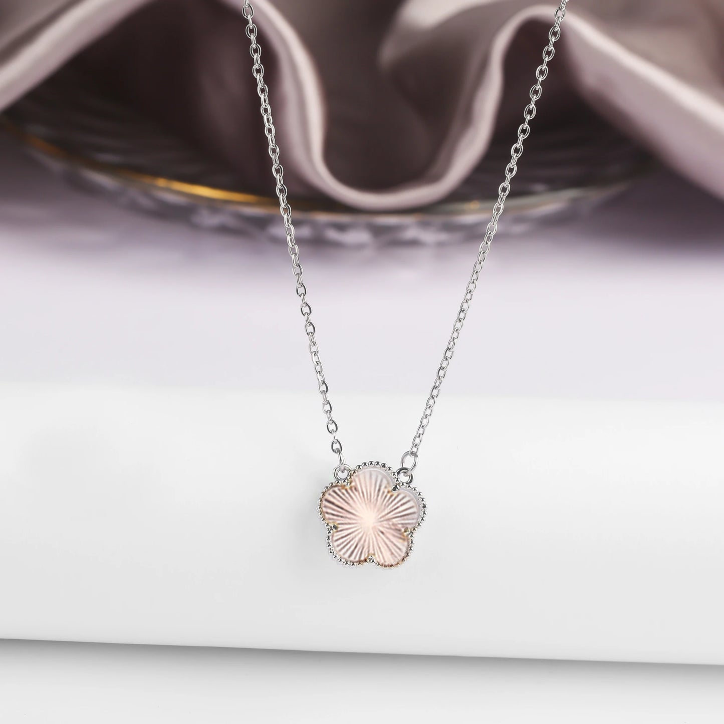 Five-Petal Flower Pendant Necklace — Natural Stone, 7 Colors