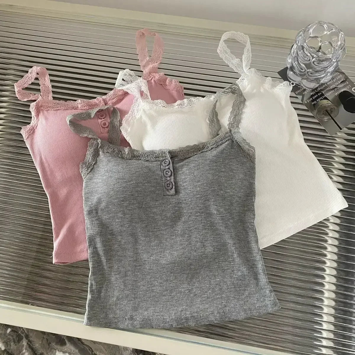Women's Knit Tank Top — Padded Lace Camisole Crop Vest