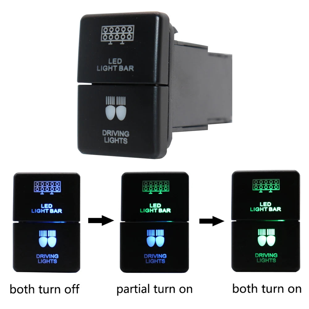 12V Dual Push Button Switch ON-Off Blue/Green Backlit 32.5mm X 22mm for Toyota 4Runner Hilux Prado RAV4, with Connector Wire