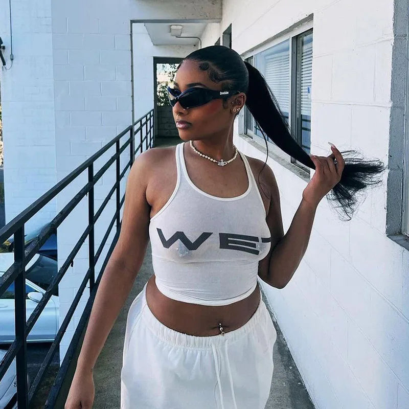 New 2026 Spring Women Sexy Tank Tops subtranslucent slim Tops Letter Printed White Women's Racerback Vest Summer Clothes