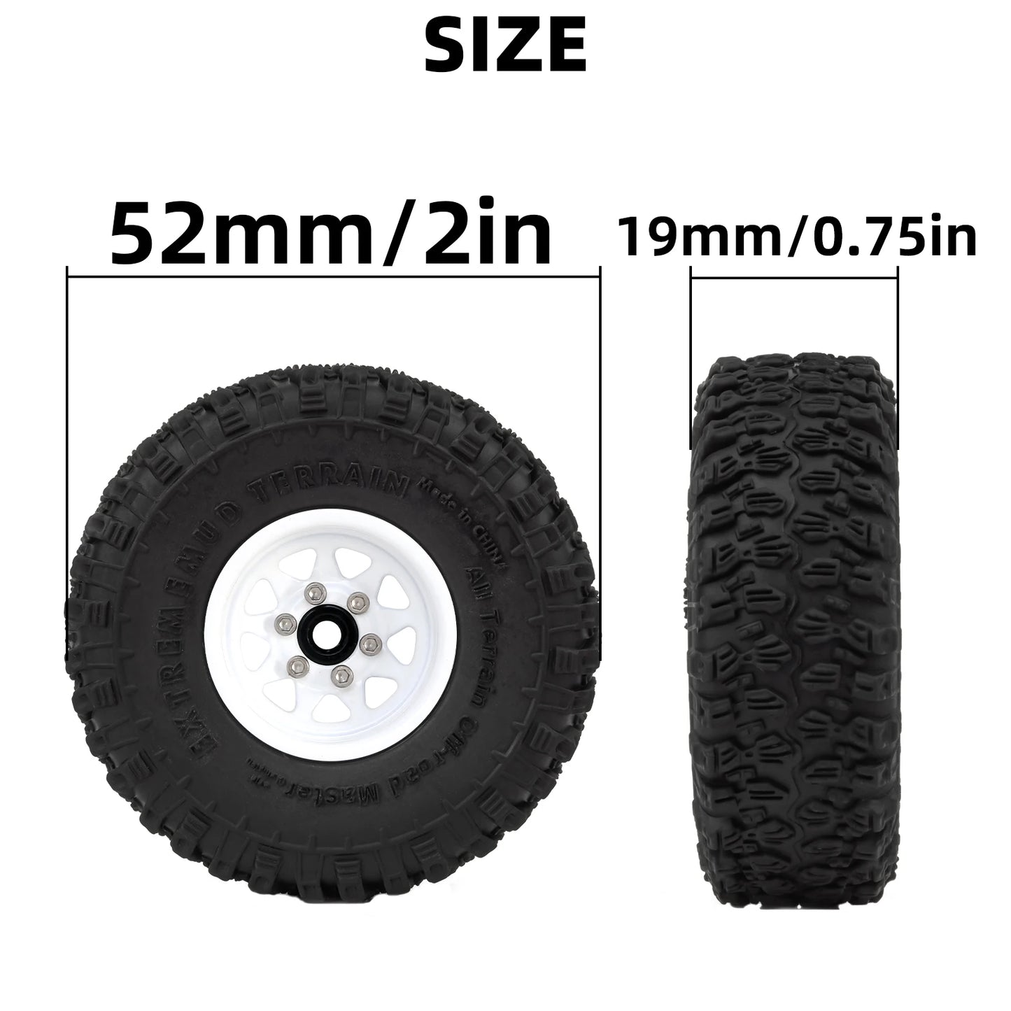 RCXAZ 1.0" Beadlock Wheel Rims 52*19mm Tires Set for 1/18 1/24 RC Crawler Car Axial SCX24 FMS FCX24 TRX4M (W1004-T1014)