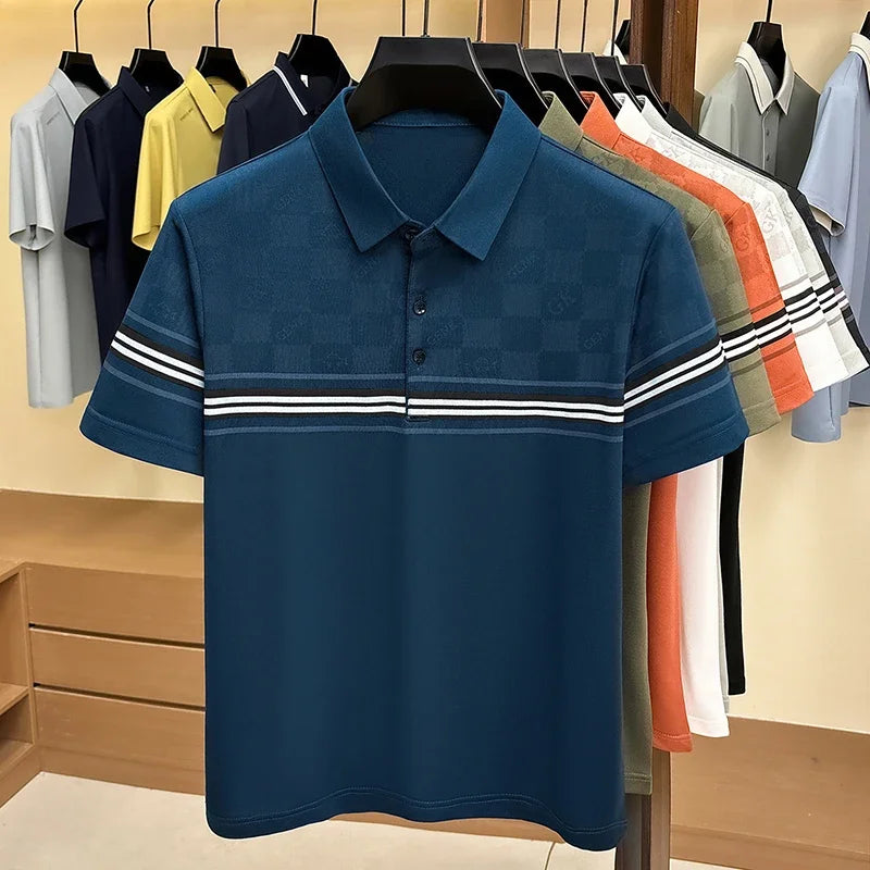 Men's Lattice-Print Lapel Polo - Soft Stretch, Sweat-Proof Summer
