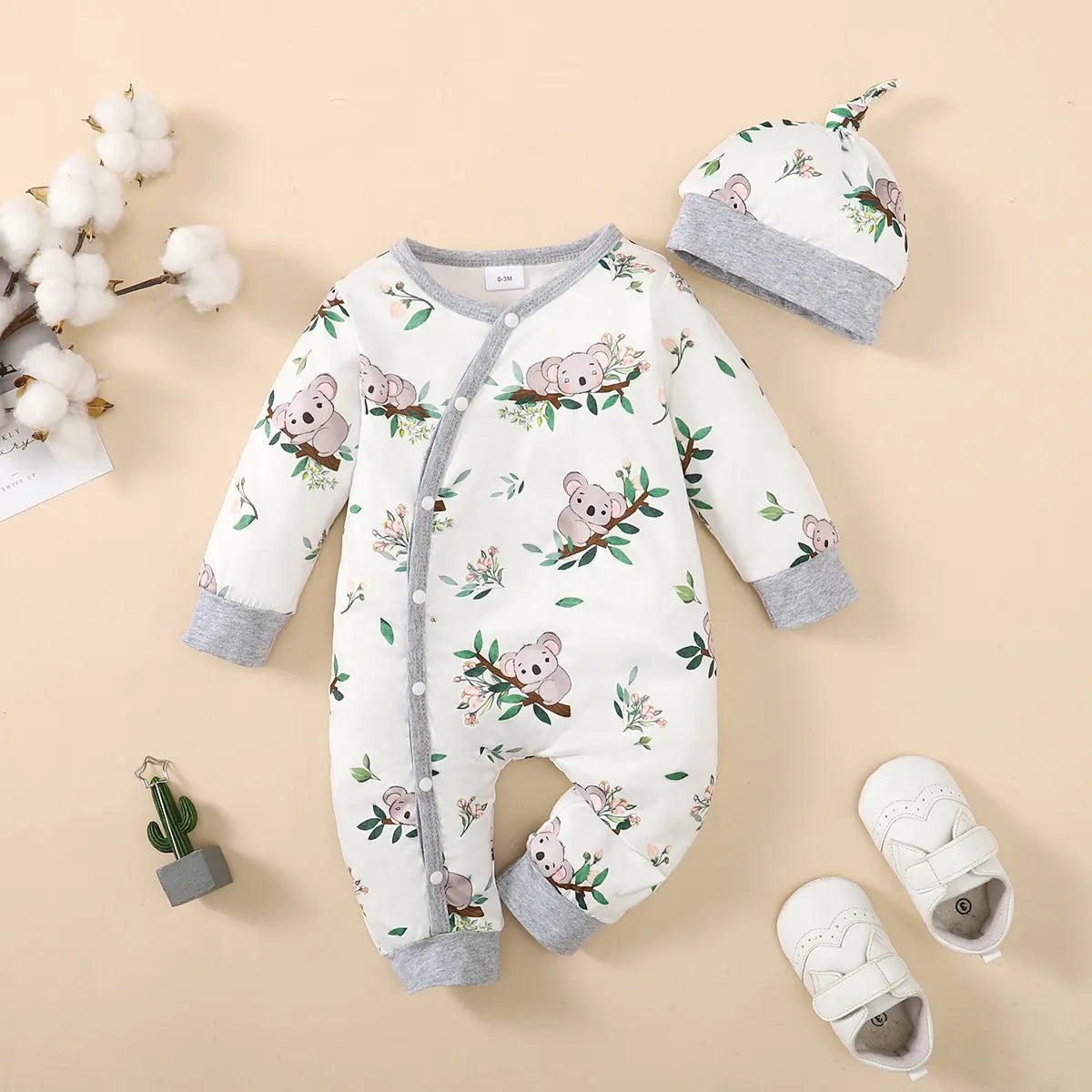 Baby Boy Bear Print Romper - Long Sleeve Button-Front Onesie - photo 2