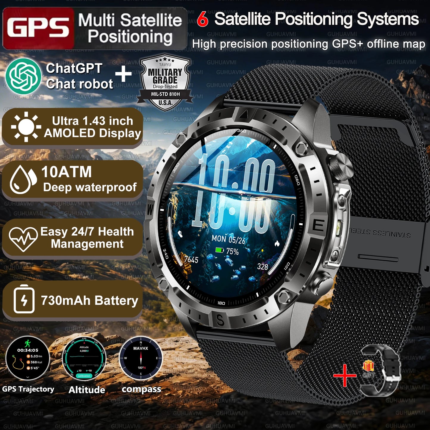 Military-Style GPS Smart Watch — Offline Maps, 10ATM, 2GB RAM