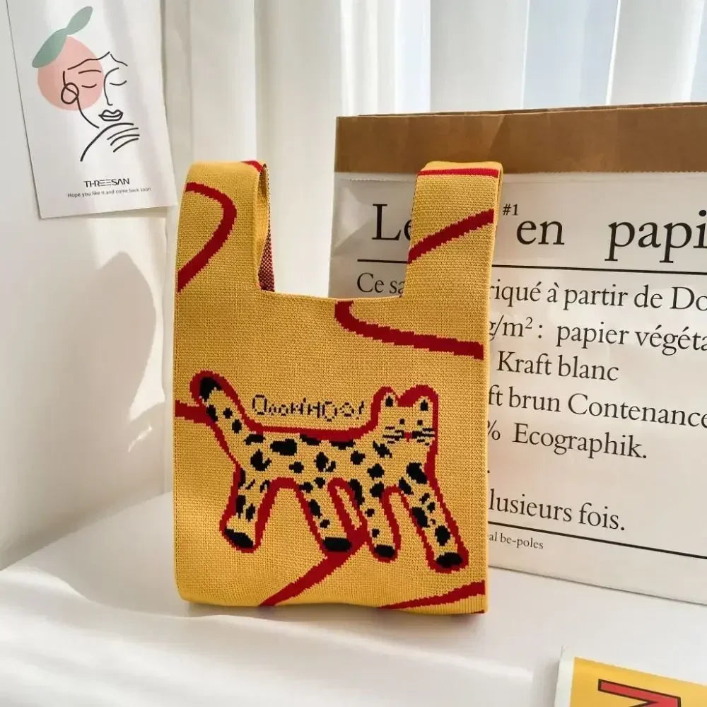 Cat Knit Handbag Fashion Knit Handmade Shopping Bags High-capacity Knot Wrist Bag Girls