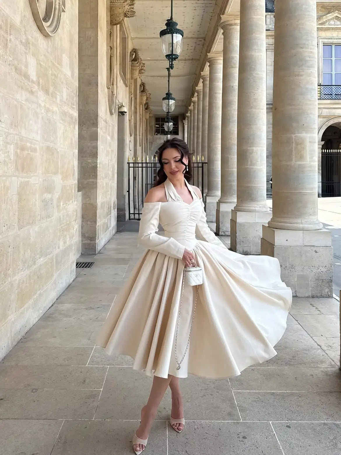 Women's Elegant Dresses Off Shoulder Long Sleeve Midi Dress Halter Neck Ruched Waist Pleated Full Skirt Cocktail Party Dresses