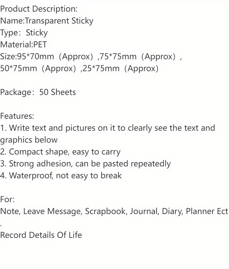50 Sheets Transparent Sticky Note Pads Waterproof Self-Adhesive Memo Notepad School Office Supplies Stationery