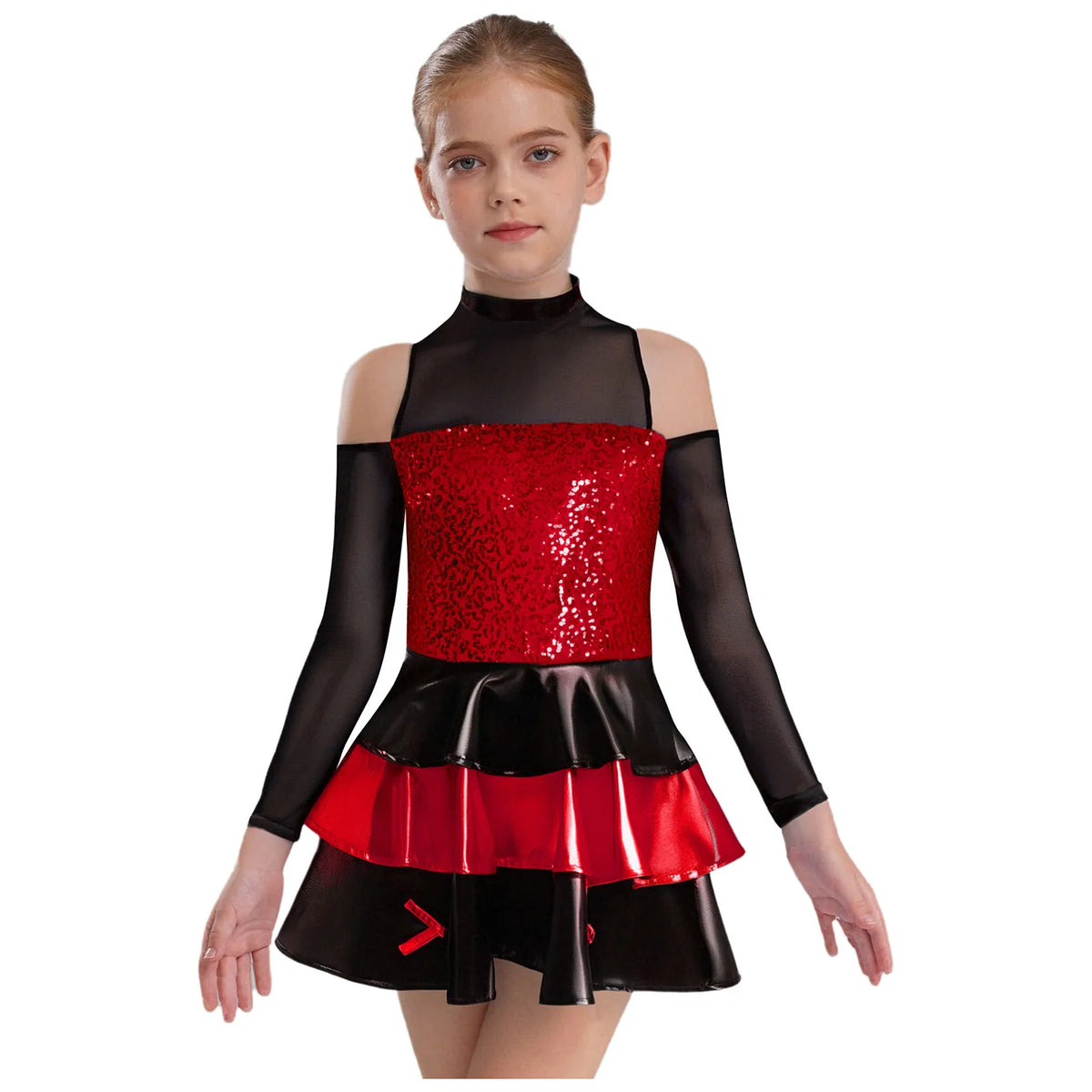 Girls cold-shoulder sequin tiered jazz dress