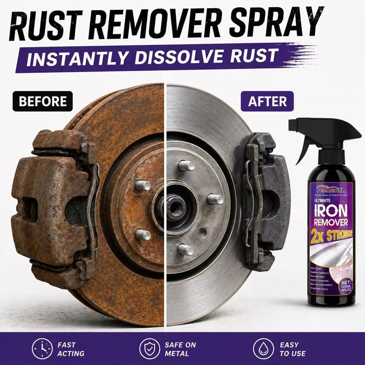 Car Iron Remover Spray Rust Cleaner for Wheels Brake Dust Fallout Remover Auto Detailing Tool