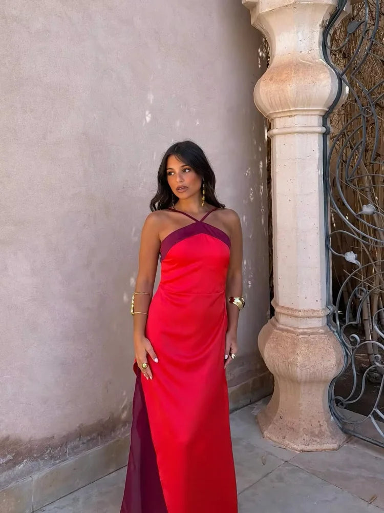 Women's Color-Block Halter Maxi Dress — Backless Off-Shoulder Party Gown