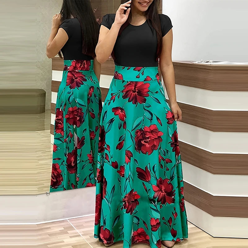 Women's Pleated Maxi Dress - Printed Crew Neck, Slim Waist Elegant