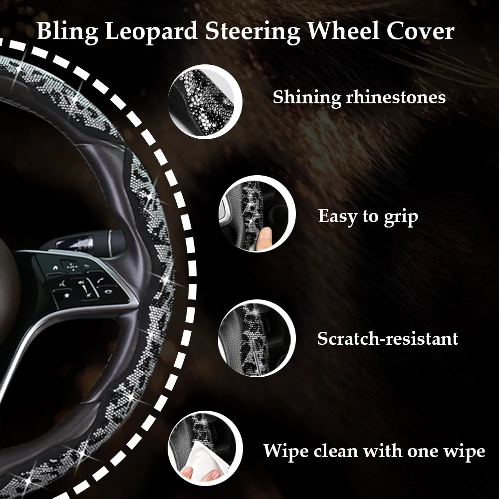 3PCS Shining Leopard Print Diamond Car Universal Steering Wheel Cover Luxury Colorful Diamond bulging Sparkling Steering Wheel