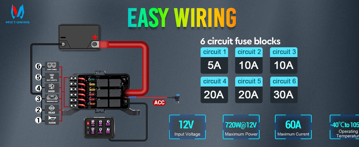 MICTUNING P1S-R 6/8 Gang Switch Panel RGB Colors Adjustable Brightness Switch Momentary Circuit Control Relay System Box For SUV
