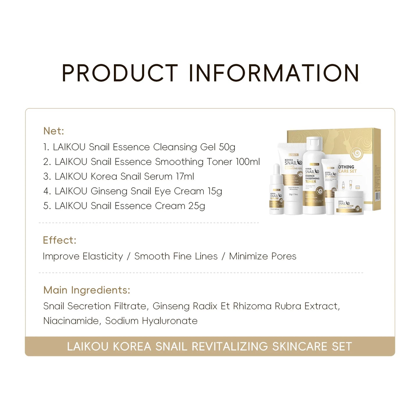 5pcs/set LAIKOU Snail Skin Care Moisturizing Renewing Skincare Collection Anti Wrinkle Hydrating Anti-aging Skin Care Cosmetics
