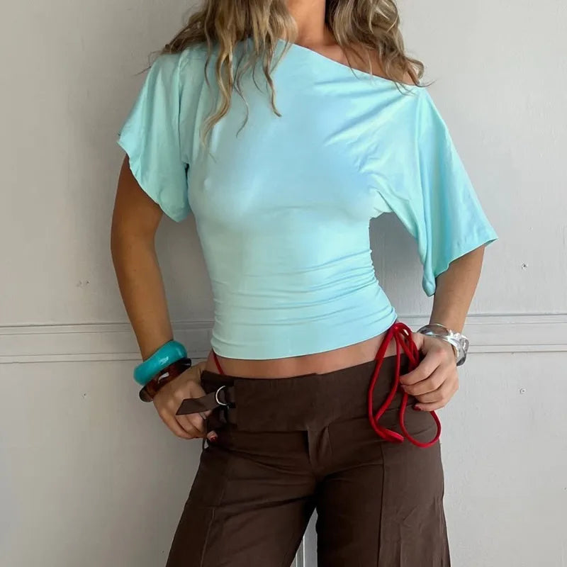 Women's One Shoulder Slim Crop Top – Short Sleeve Y2K Streetwear Tee