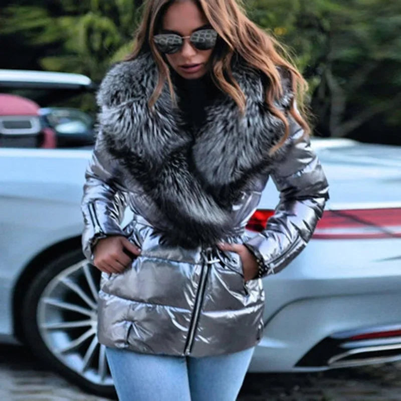 Women's Glossy Short Puffer Jacket - Large Collar Winter Coat