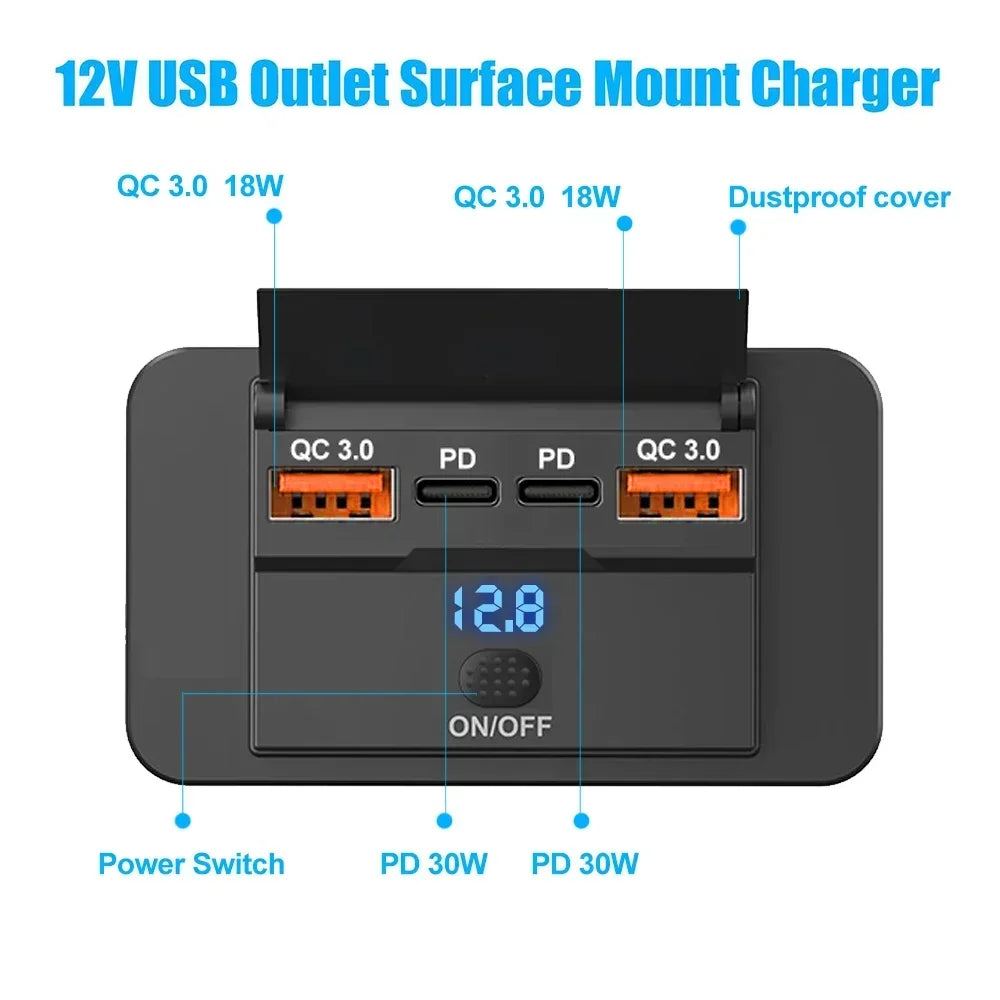 Car Charger Socket Adapter with Switch 2/4 Ports 12V 24V PD QC3.0 Charging Splitter Outlet for Bus RV ATV Truck Boat