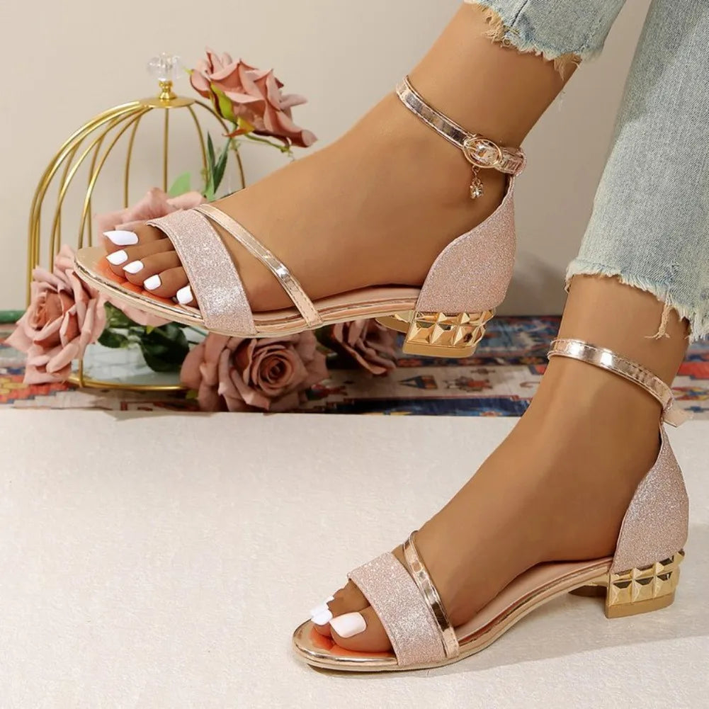 Crystal Low-Heel Dress Sandals for Women — Ankle-Strap Plus-Size Party Shoes