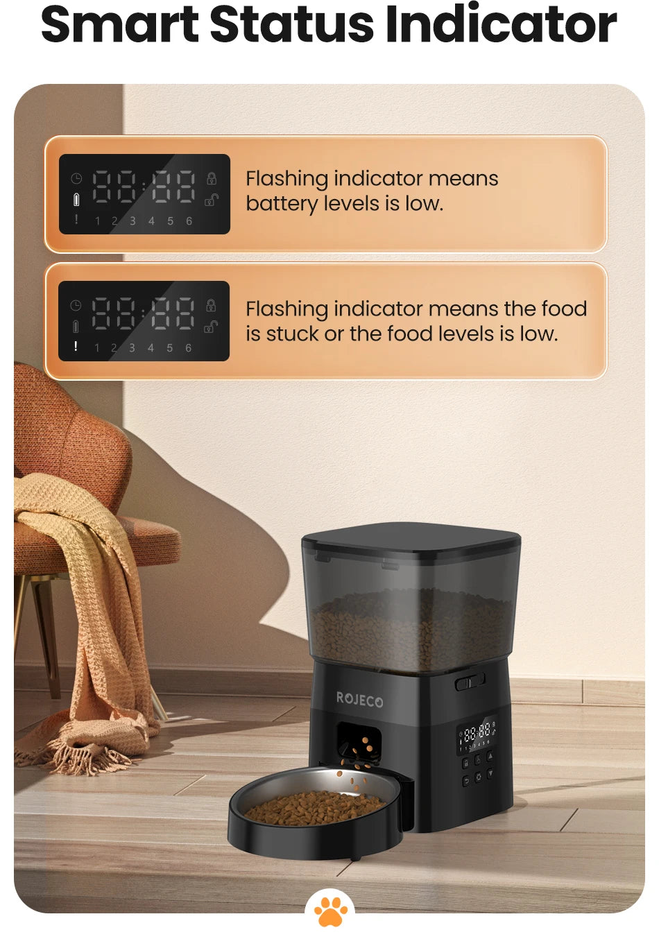 ROJECO Automatic Pet Feeder – 2L Smart Button Control Cat & Dog Food Dispenser | US/EU/KR Plug