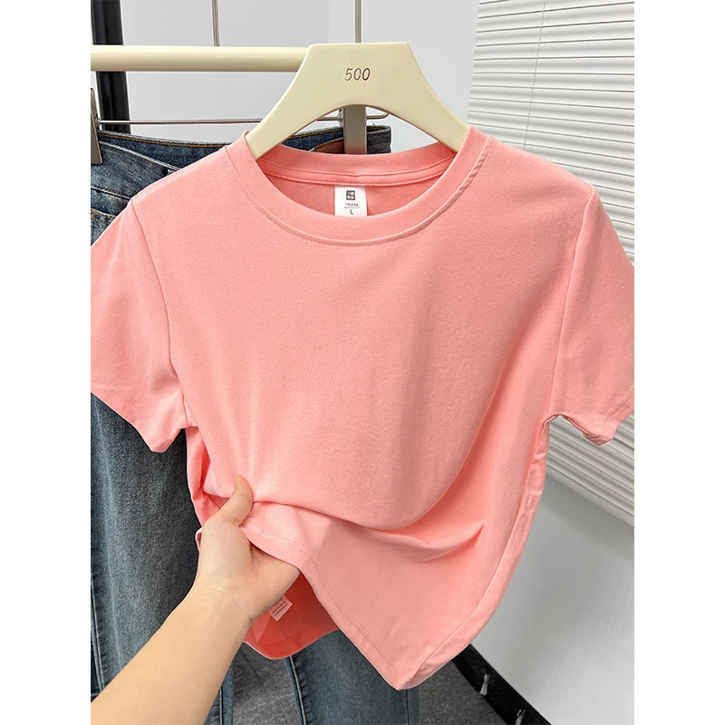 Women's Solid Short Sleeve Tee — Casual Y2K Top