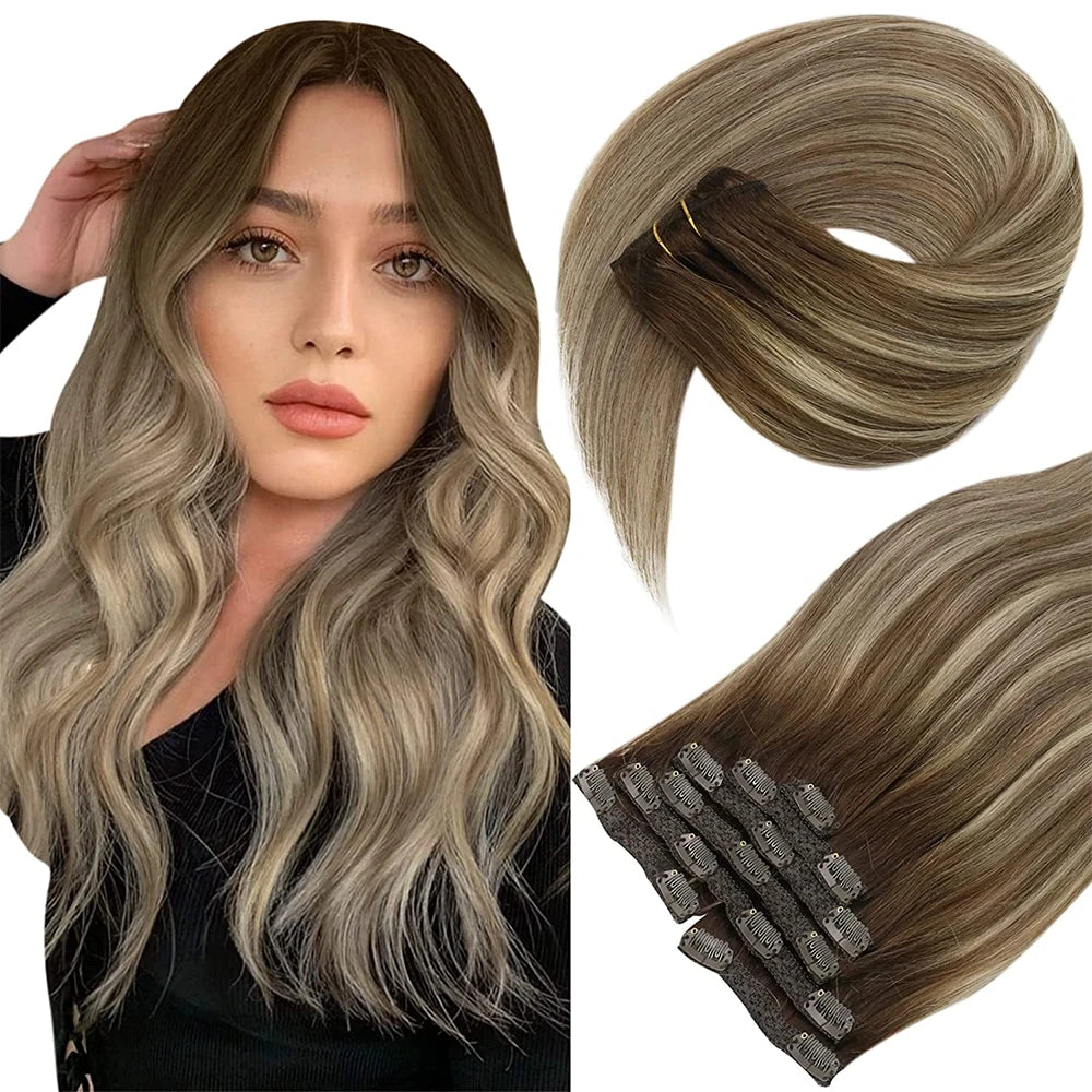 VeSunny Clip in Hair Extension Human Hair Balayage Natural Human Hair Extension Human Hair Clip Extension for Women