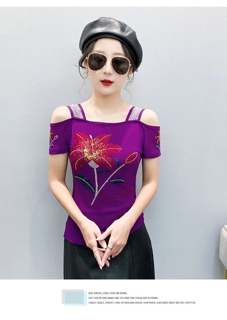 Women's Off-Shoulder Rhinestone Mesh Top