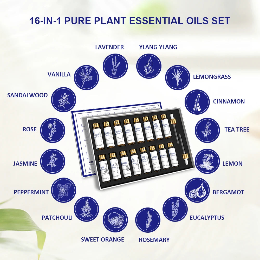 HIQILI 16 PCS 10ML Essential Oils Set,  Pure Lavender,Eucalyptus,Vanilla, Jasmine,Mint,Rose Oil for Diffuser,Humidifier, Candles