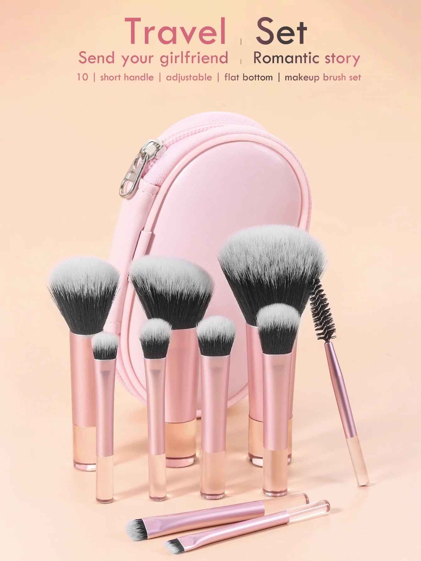 10pcs Pink Makeup Brush Set for Beginners Mini Portable Foundation Eyeshadow Brushes with Crystal Handle Includes Brush Pouch