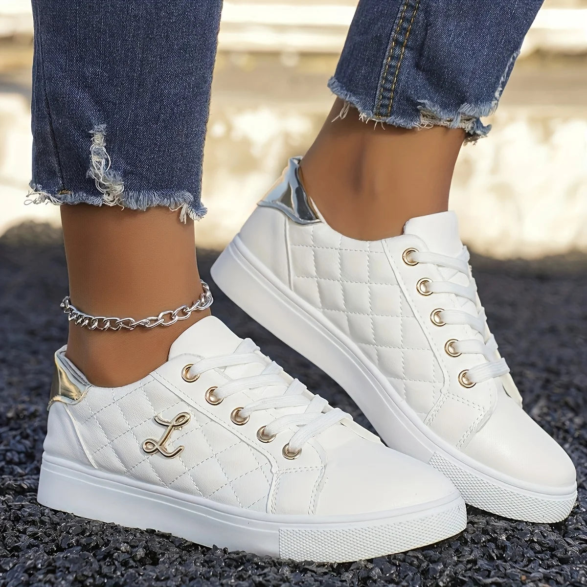 Gold-Embellished Sneakers for Women — Lightweight Lace-Up Low-Top Casual Shoes