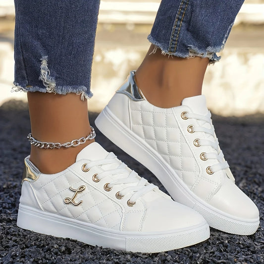Gold-Embellished Sneakers for Women — Lightweight Lace-Up Low-Top Casual Shoes