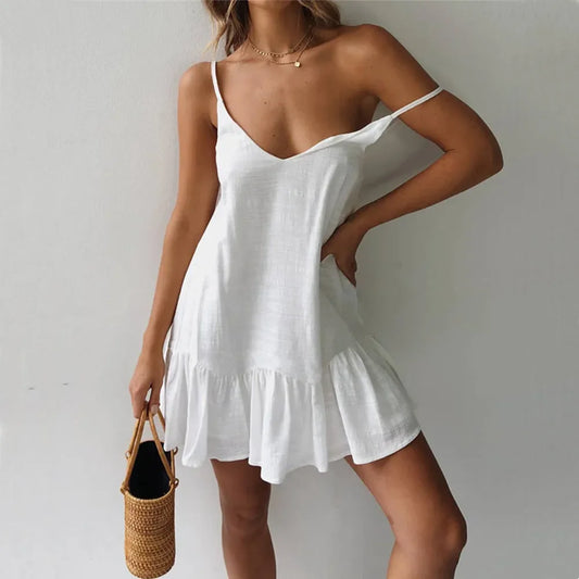 Dress Women Sexy Spaghetti Strap Ruffle Summer Dress 2026 Cotton Linen Vestidos Green Dresses Off Shoulder Sexy Mini Sundress