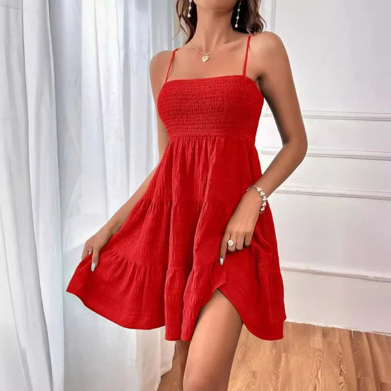 Women's Smocked Tiered Mini Dress — Spaghetti-Strap Ruffle Swing Beach Dress