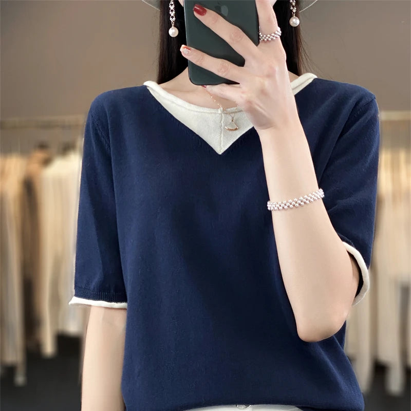 Pure Cotton Hollow Short-Sleeved Ladies Spring And Summer Loose Slim New Joker Knit Bottoming T-Shirt