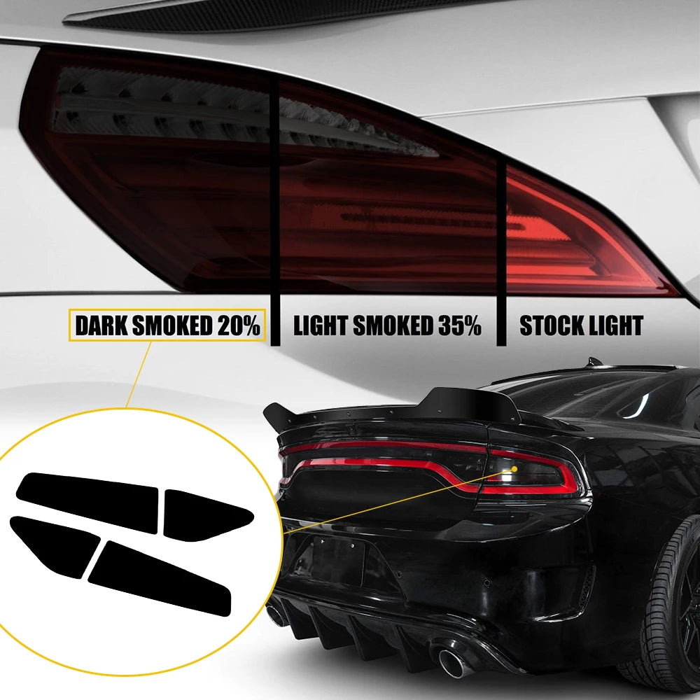 4x Tail Light Smoked Tint Vinyl Overlay – Pre-Cut, Compatible with Dodge Charger 2015–2022