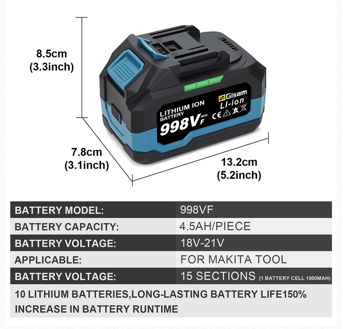 Gisam 4.0AH 4.5AH Rechargeable Lithium-Ion Battery for Cordless Dirll/Brushless Wrench/Screwdriver for Makita 18V Battery pins