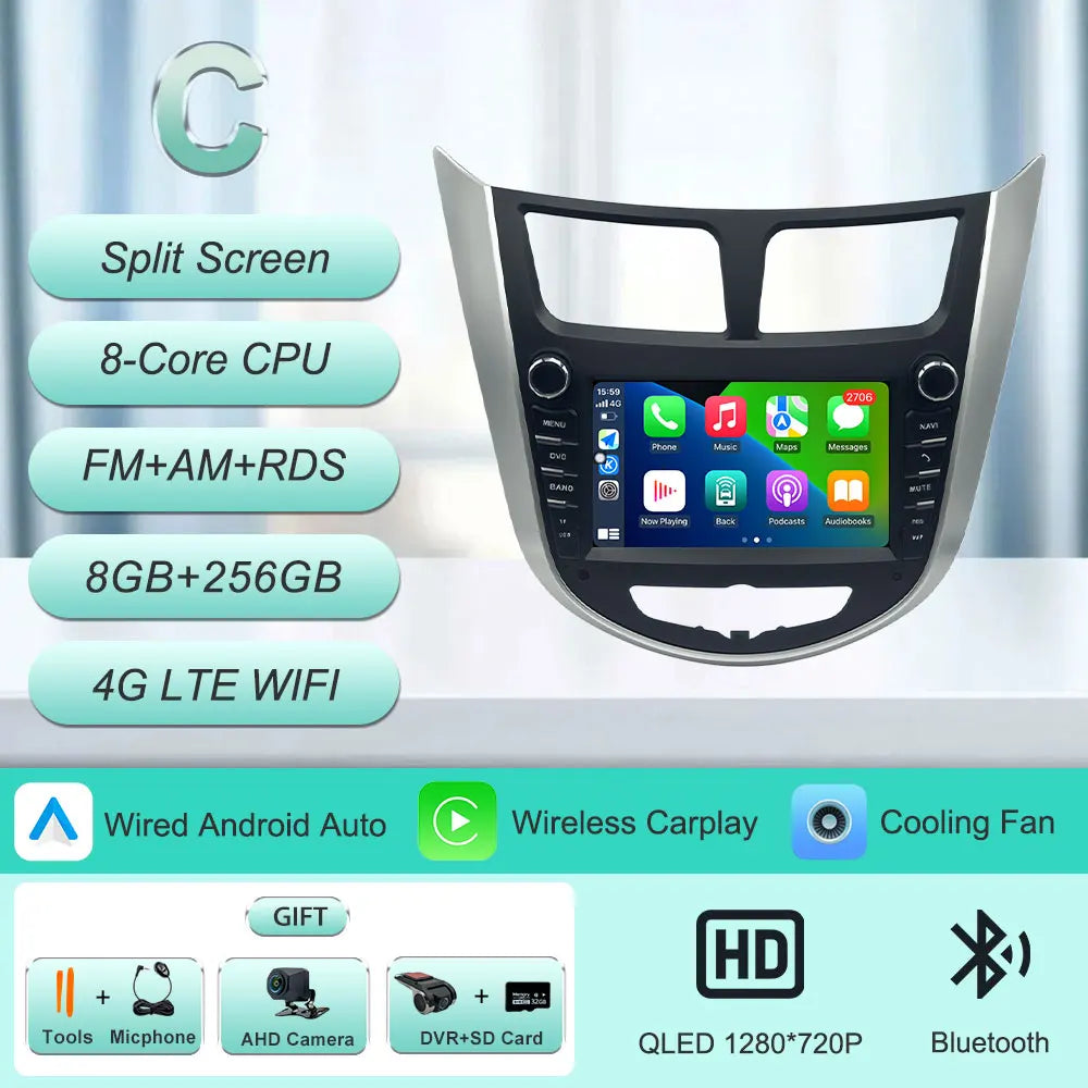 7" Android Car Radio for Hyundai Solaris Accent Verna 2010-2016 Wireless CarPlay Android Auto GPS WiFi BT FM Touch Screen Stereo