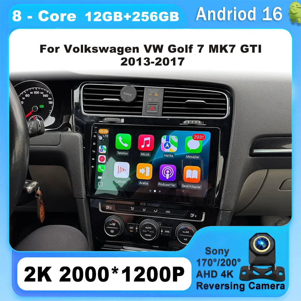 10" For Volkswagen VW Golf 7 MK7 GTI 2013-2017 Android 16 Carplay Car Radio Multimedia 8 CORE IPS QLED Navigation GPS 5G WIFI BT