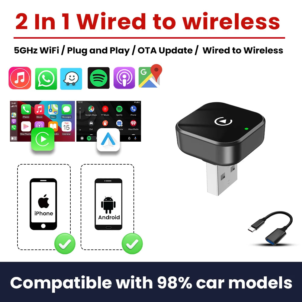 2in1 Wireless CarPlay Adapter Android Auto Dongle Bluetooth Plug&Play Car Intelligent System Suitable For Audi MG Kia VW GMC