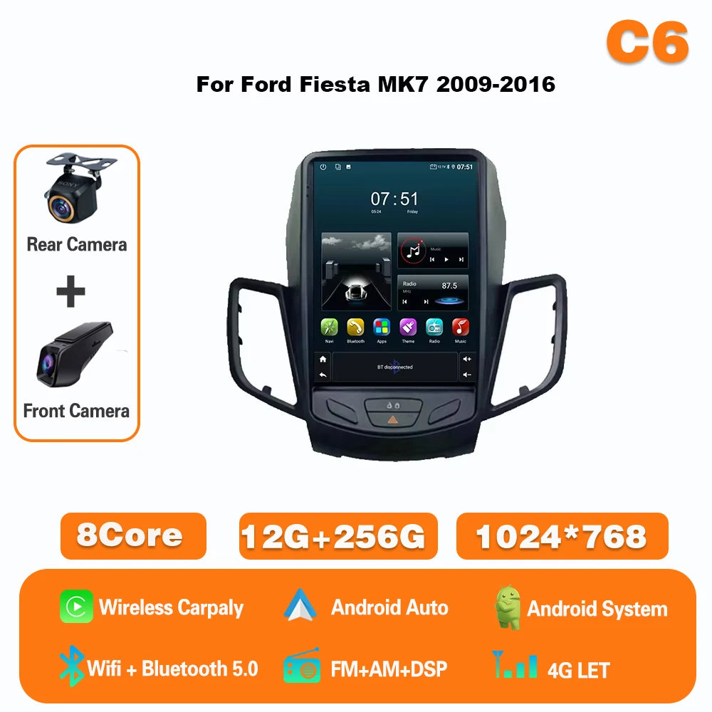 9.7" Android Car Stereo for Ford Fiesta MK7 (2009–2017) — Wireless CarPlay & Android Auto, GPS, 4G, WiFi