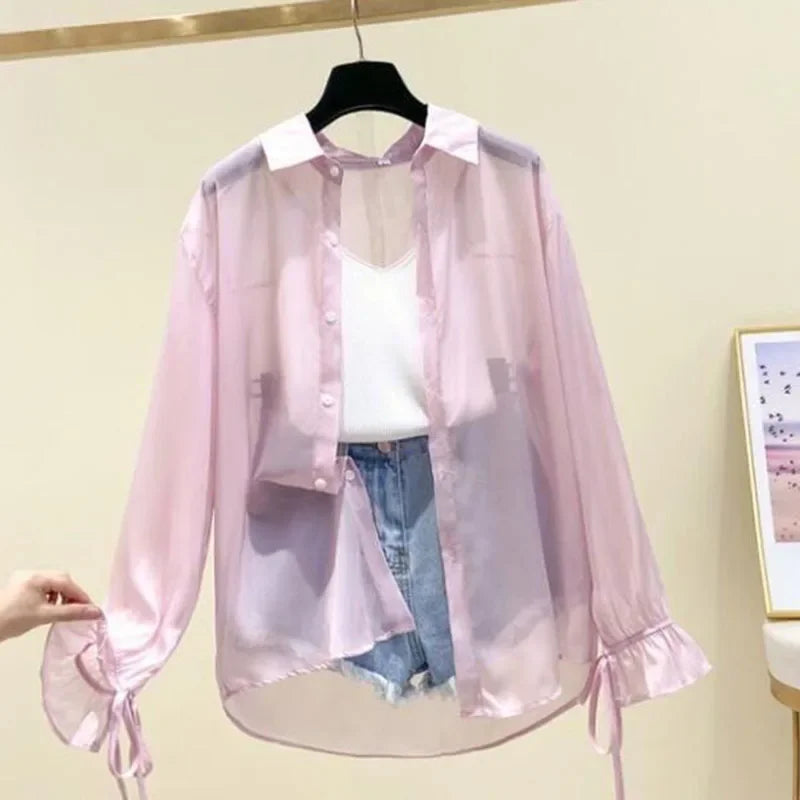 Women's Chiffon Button-Up Blouse — Bow Lace-Up Long-Sleeve Shirt