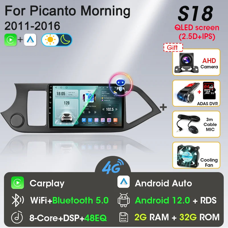 2-DIN Android Car Stereo for Kia Picanto / Morning (2011–2016) — CarPlay, Android Auto, GPS Navigation