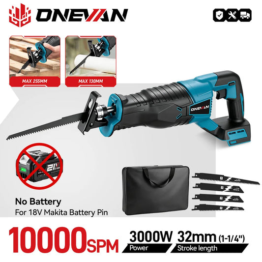 ONEVAN 3000W Cordless Reciprocating Saw Adjustable Speed Chainsaw Wood Metal Pipe Cutting Electric Saw For Makita Battery Pin