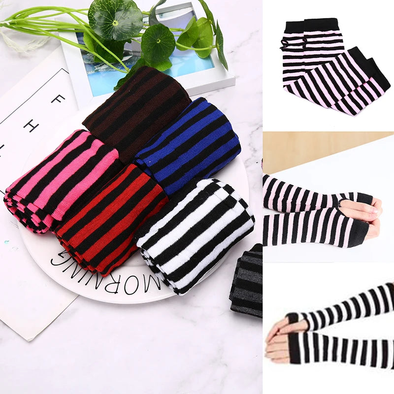 Women's Striped Knit Arm Warmers - Long Fingerless Gloves - photo 4