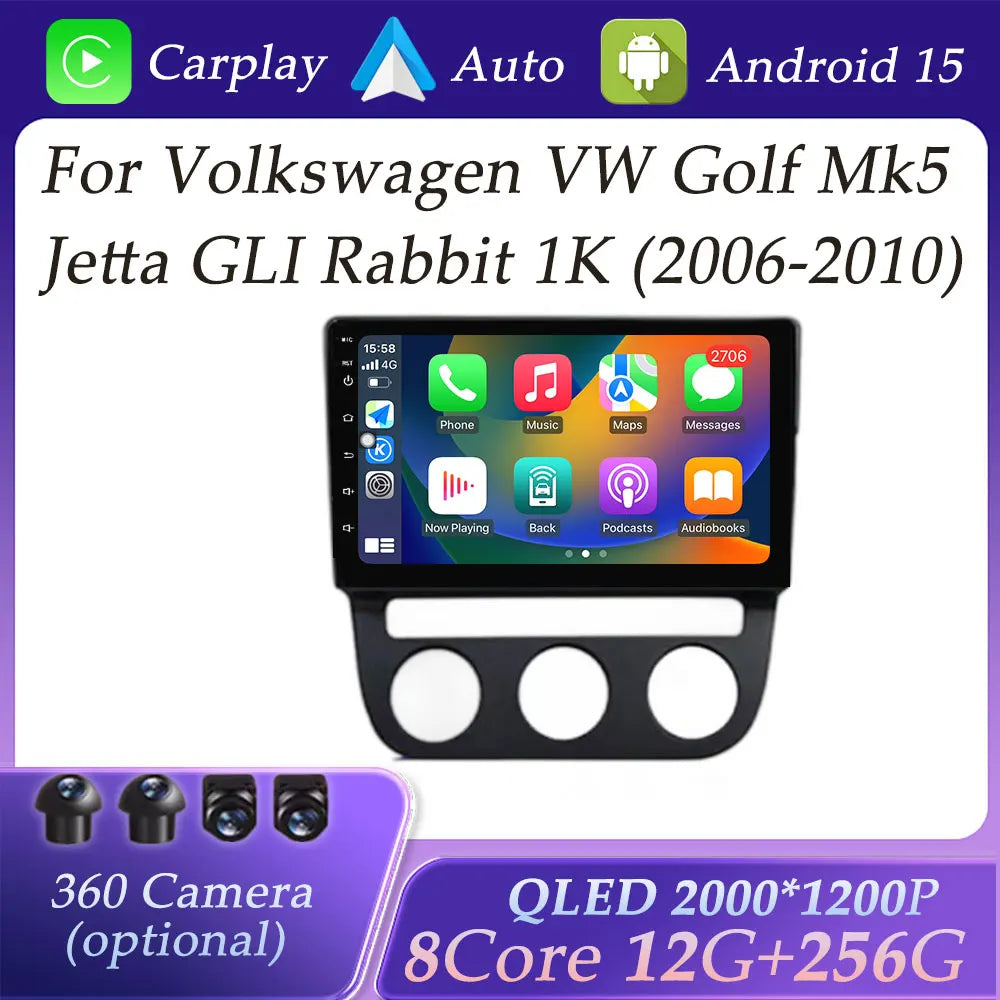 Android Car Stereo for VW Golf Mk5, Jetta GLI, Rabbit 1K (2006–2010) — CarPlay, GPS, DSP, Split Screen