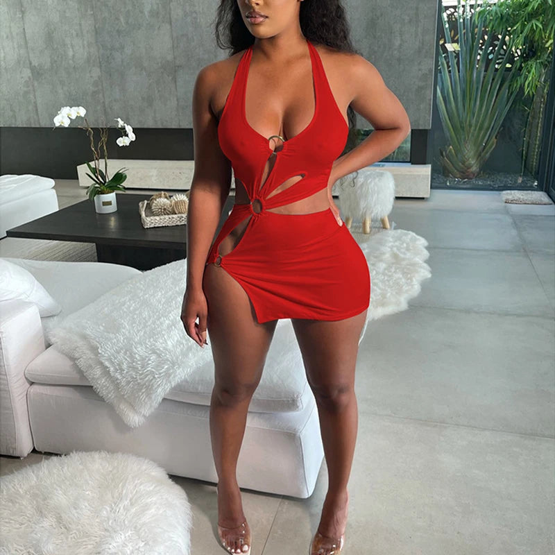 Summer Dresses Woman 2026 High Street Stretch Slim Hollow Sexy Mini Bodycon Dress Elegant Orange Sleeveless Club Party Sundress