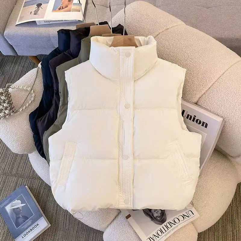 Women's Stand Collar Puffer Vest - Solid Color Zip Up Waistcoat - photo 3