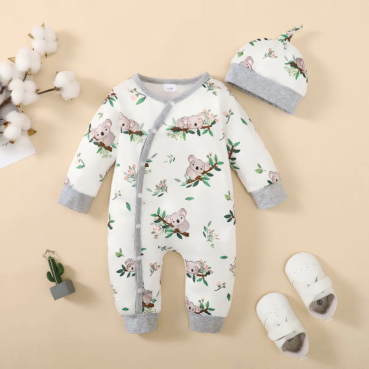 Baby Boy Bear Print Romper - Long Sleeve Button-Front Onesie - photo 14