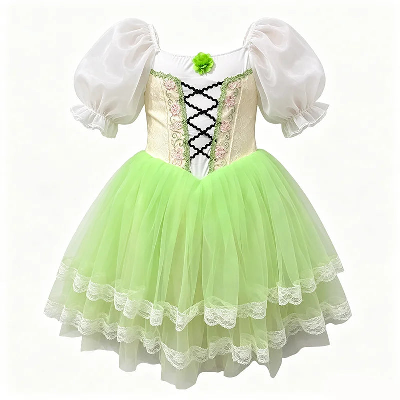 Girls green puff-sleeve ballet tutu dress