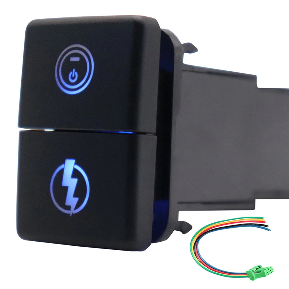 12V Dual Push Button Switch ON-Off Blue/Green Backlit 32.5mm X 22mm for Toyota 4Runner Hilux Prado RAV4, with Connector Wire