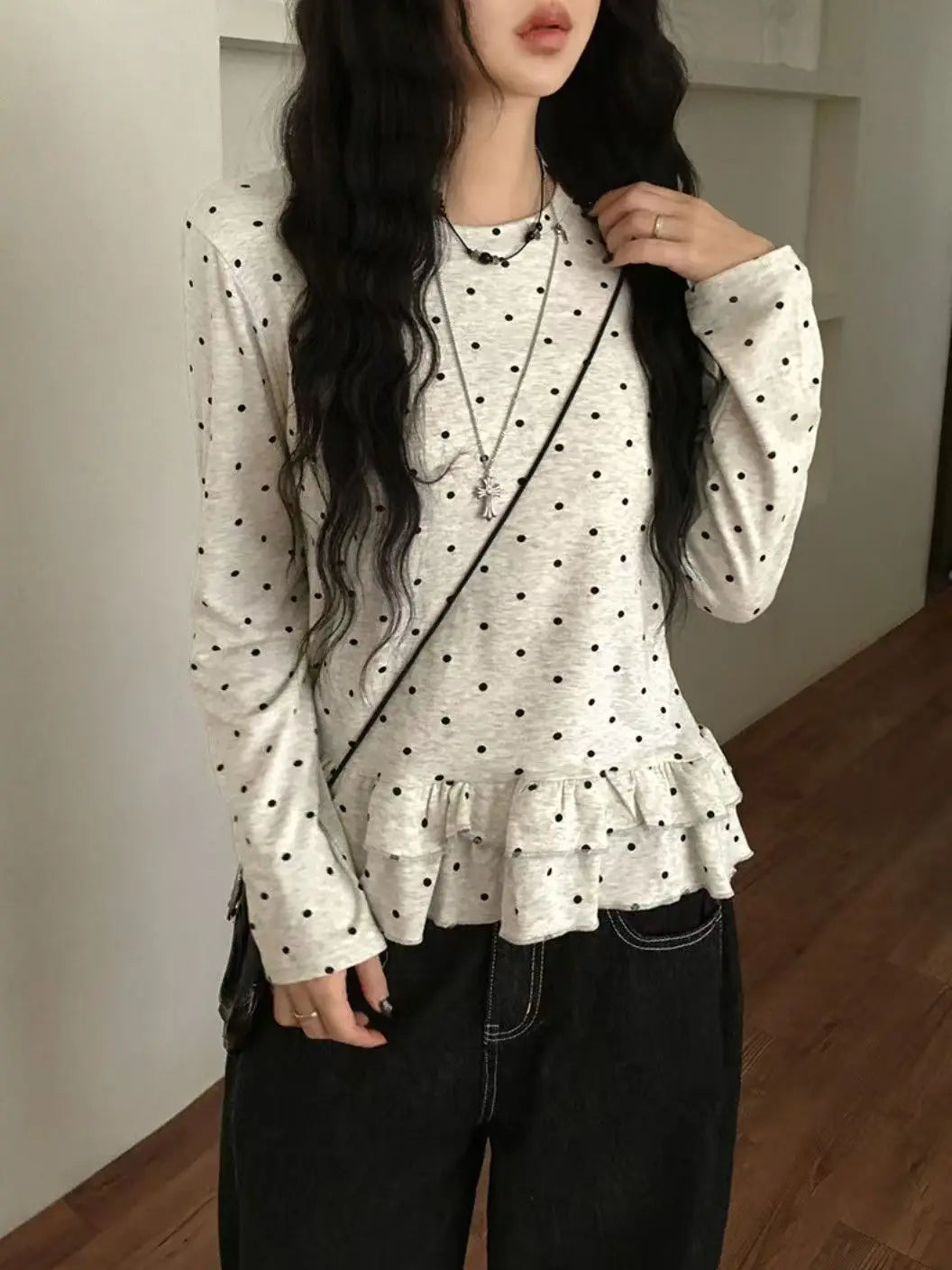 2026 Harajuku Cute Print T-Shirts Women Beige Polka Dot Ruffle Hem Tees Y2K Casual Lace Trim Tops Fashion Summer Streetwear Chic